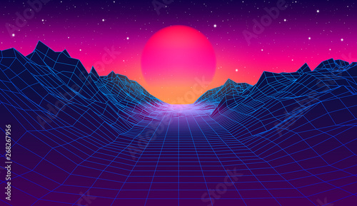 Fotografia 80s synthwave styled landscape with blue grid mountains and sun over canyon