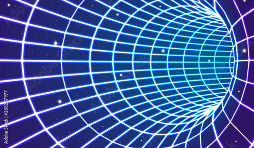 Neon tunnel in space with 80s styled lazer lines for futuristic poster or flyer