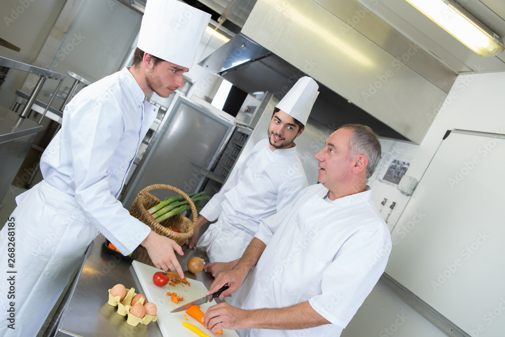 Obraz premium professional chef and his trainees cooking fresh vegetable salad