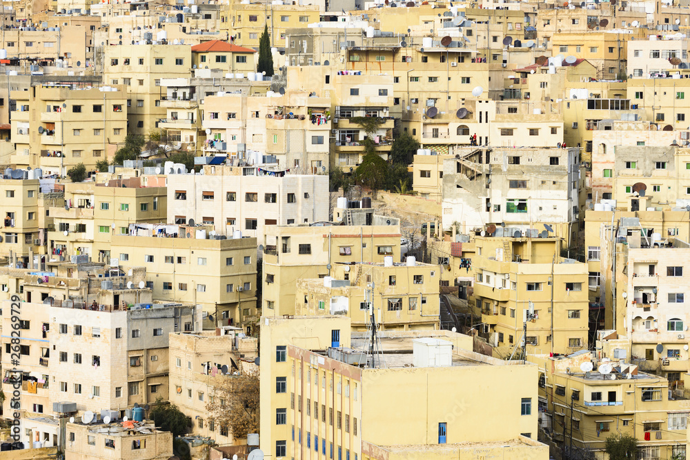 Close-up view of some residential buildings seen from the Amman Citadel in Jordan. The Amman Citadel is a historical site in Amman, Jordan.