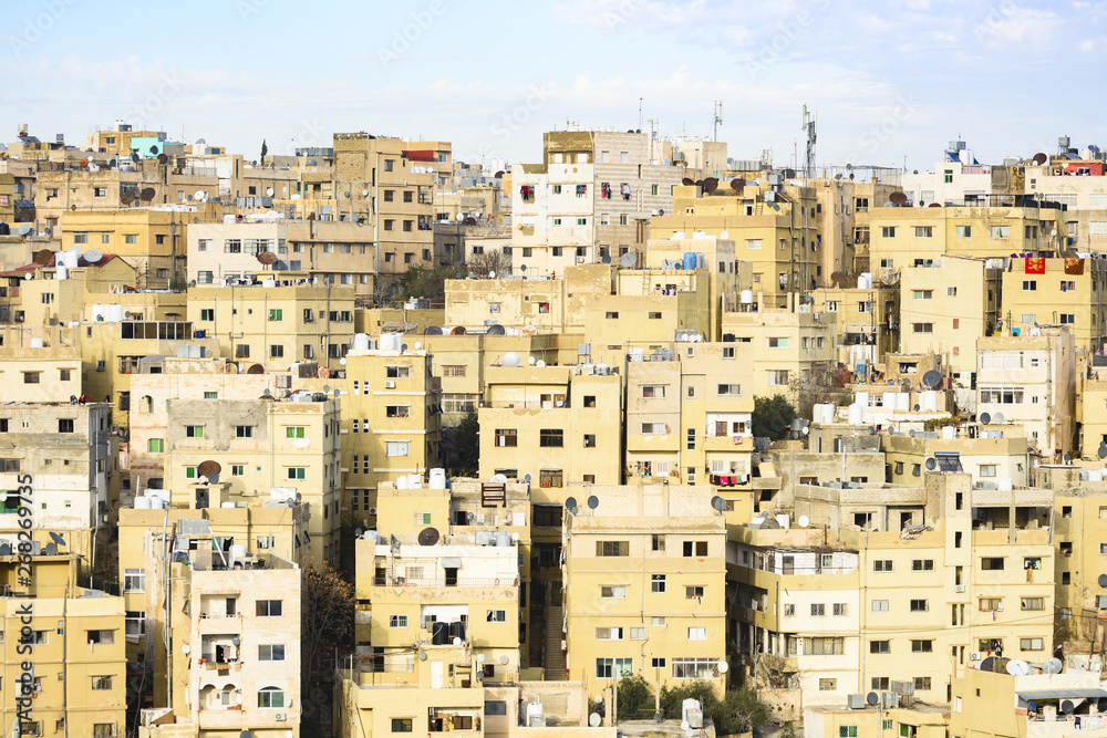 Close-up view of some residential buildings seen from the Amman Citadel in Jordan. The Amman Citadel is a historical site in Amman, Jordan.