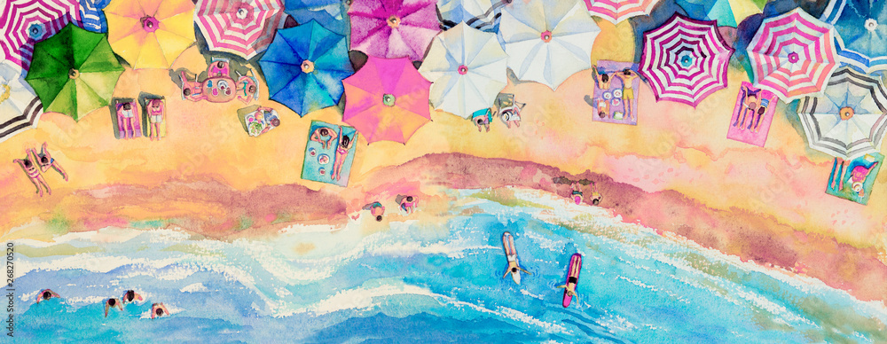 Obraz akwareli seascape odgórny widok kolorowy rodzinny tavel. <span>plik: #268270520 | autor: Painterstock</span>