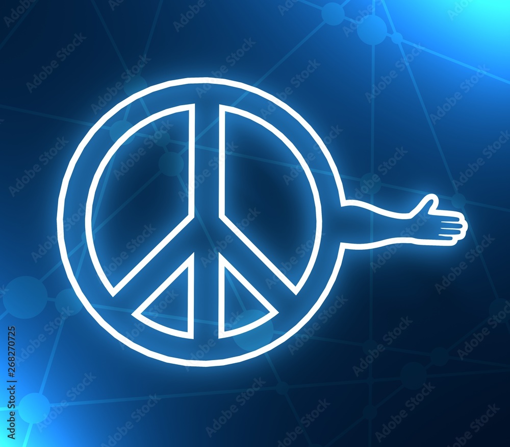 Symbol of Peace with human arm that ready to handshake. 3D rendering. Neon bulb illumination Symbol of Peace with human arm that ready to handshake. 3D rendering. Neon bulb illumination