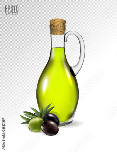 Branch with olives and a bottle of olive oil. Photo-realistic vector, 3d