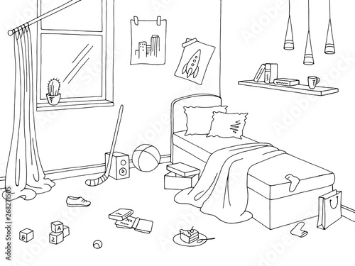 Mess children room graphic black white interior sketch illustration vector