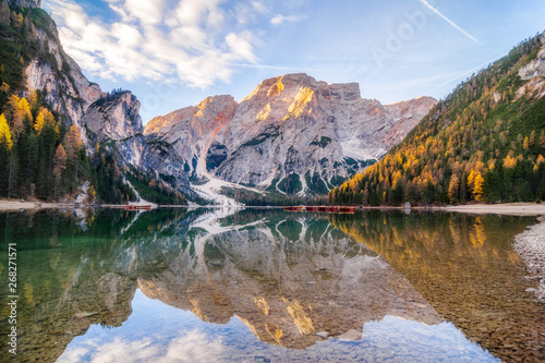 famous italian mountain lake. Lago di Braies, Italy. autumn (summer) landscape (background)