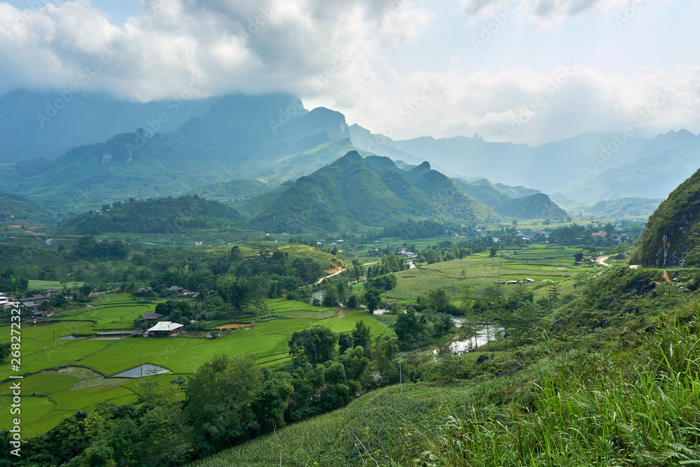 Rice fields at the Mountain of north Vietnam. Beautiful landscape view on the Ha Giang loop . Motorbike trip