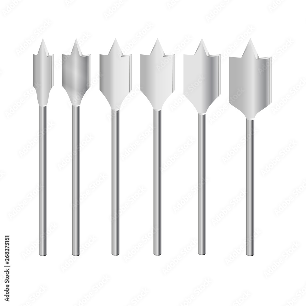 Realistic 3d Detailed Metallic Drill for wood Bits Set Tools for Construction Work, Drilling Hole. Realistic 3d Detailed Metallic Drill for wood Bits Set Tools for Construction Work, Drilling Hole.