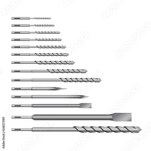 Realistic 3d Detailed Metallic Drill for rock-drill or perforator Bits Set Tools for Construction Work, Drilling Hole.