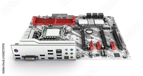Motherboard with realistic chips and slots isolated on white background 3d render
