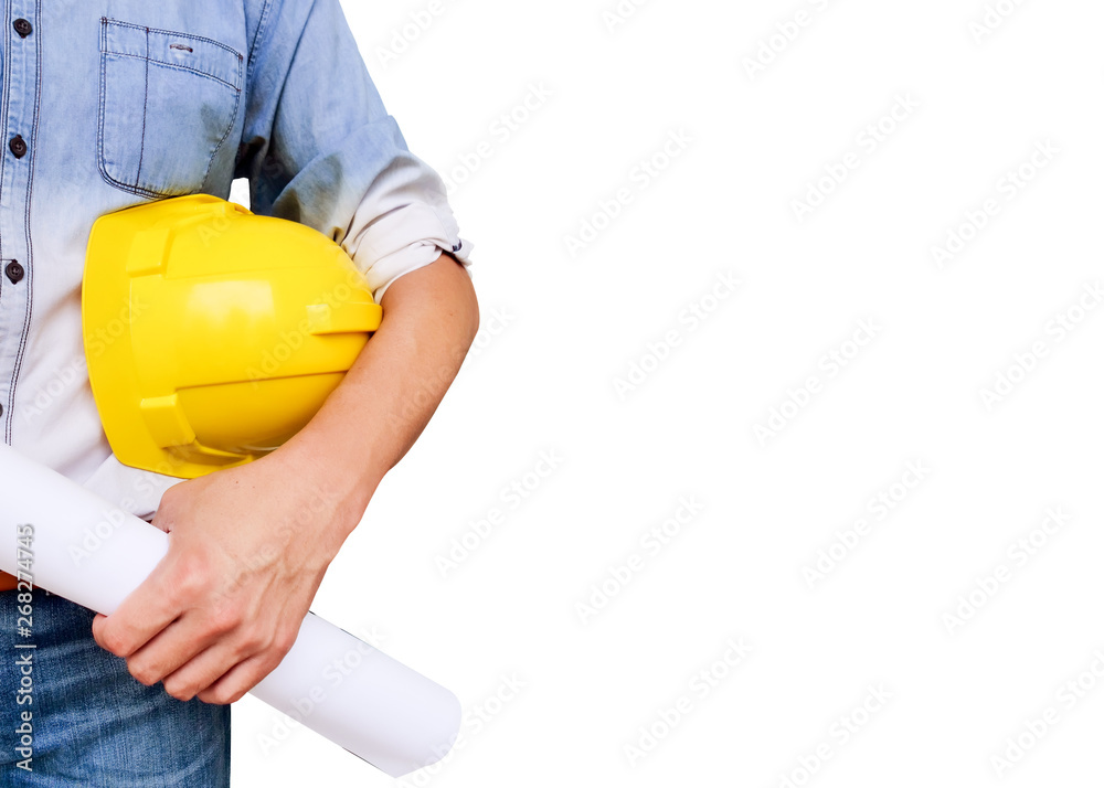 No face Unrecognizable person. Torso engineer, worker or architect holding in hand blueprint and yellow plastic helmet, hardhat isolated on white background No face Unrecognizable person. Torso engineer, worker or architect holding in hand blueprint and yellow plastic helmet, hardhat isolated on white background