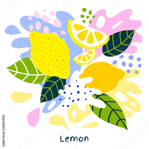 Fresh lemon tropical exotic citrus fruits juice splash organic food juicy splatter lemons on abstract background vector hand drawn illustrations