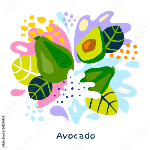 Fresh avocado tropical exotic citrus fruits juice splash organic food juicy splatter on abstract background vector hand drawn illustrations