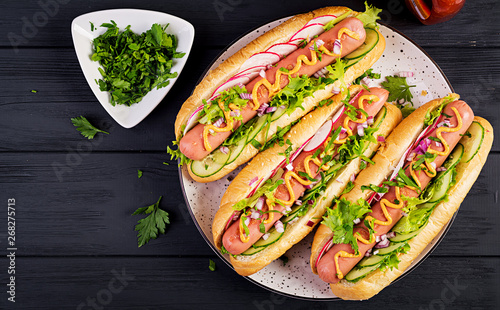 Hot dog with  sausage, cucumber, radish and lettuce on dark wooden background. Summer hotdog. Top view