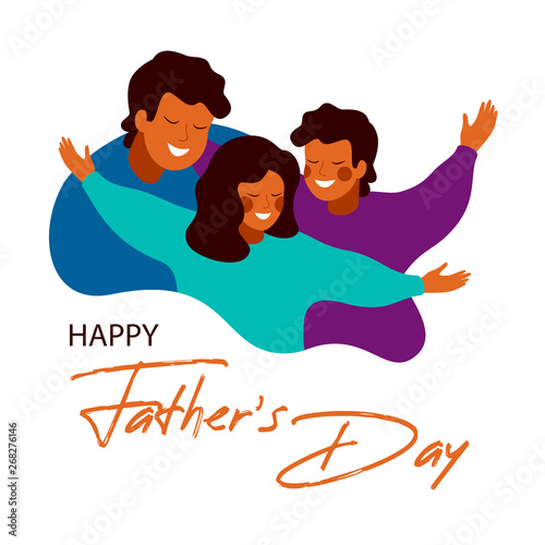 Vector greeting card for Happy Father's day of smiling African family. Young  father embracing his children with love