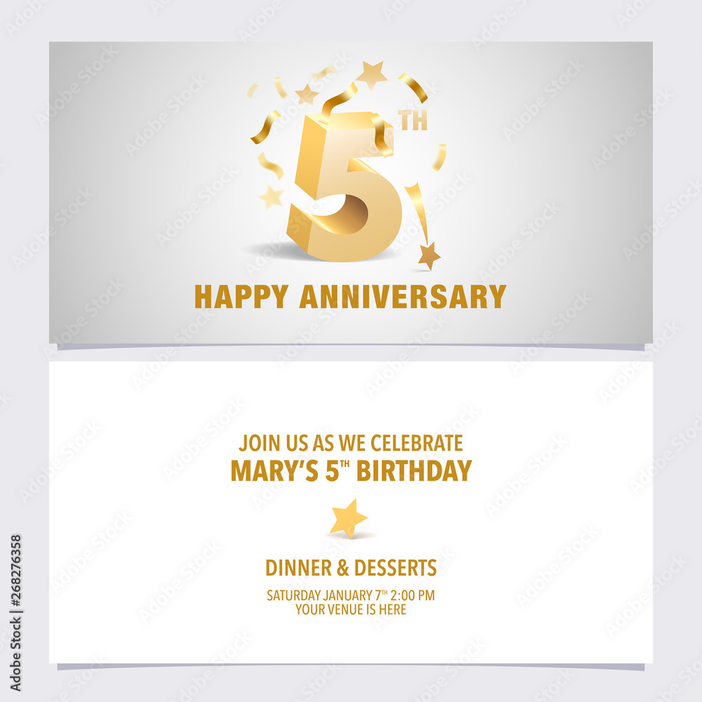 Naklejka premium 5 years anniversary invitation card vector illustration. Template design