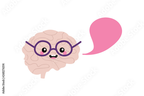 Cute smart brain character in glasses with speech bubble  talking  giving advice or information. 