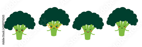 Set, collection of cute and smiling cartoon style broccoli characters for organic food and harvest design.