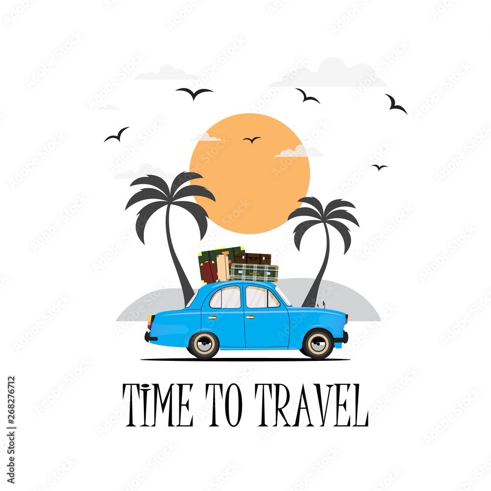 Travel by car. Road trip. Time to travel, tourism, summer holiday. Flat design vector illustration