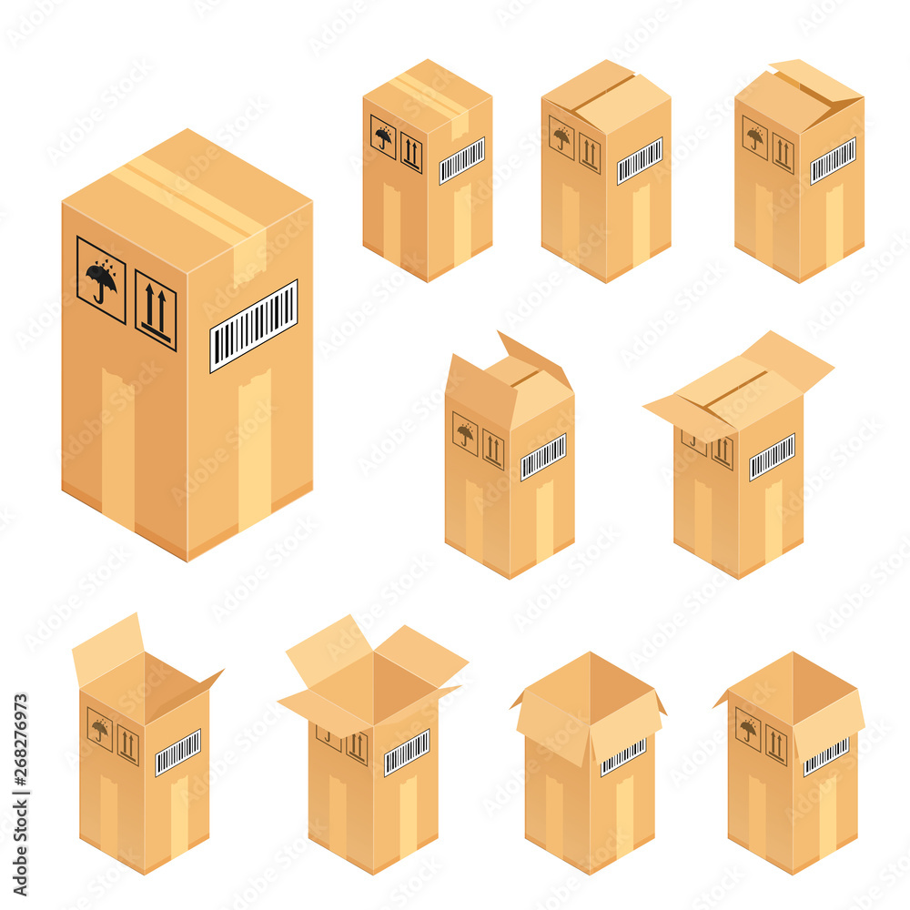 Isometric cardboard box set. Package process vector illustration isolated on white background. Isometric cardboard box set. Package process vector illustration isolated on white background.