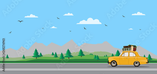 Travel by car. Road trip. Time to travel, tourism, summer holiday. Flat design vector illustration