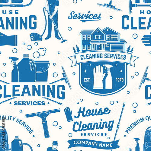 Cleaning services seamless pattern or background. Vector. Vintage typography design with cleaning equipments. Cleaning service pattern for company related business