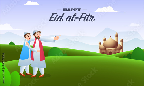 Illustration of Arabian men's in front of mosque with stylish calligraphy text Eid-Al-Fitr Mubarak for Muslim community, festival of sacrifice celebration.