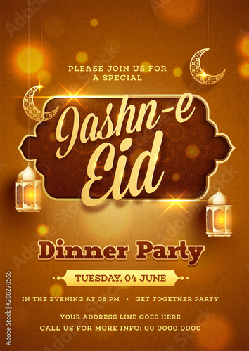 Jashn-e-eid dinner party template or flyer design with illuminated lantern moon on shiny brown background.