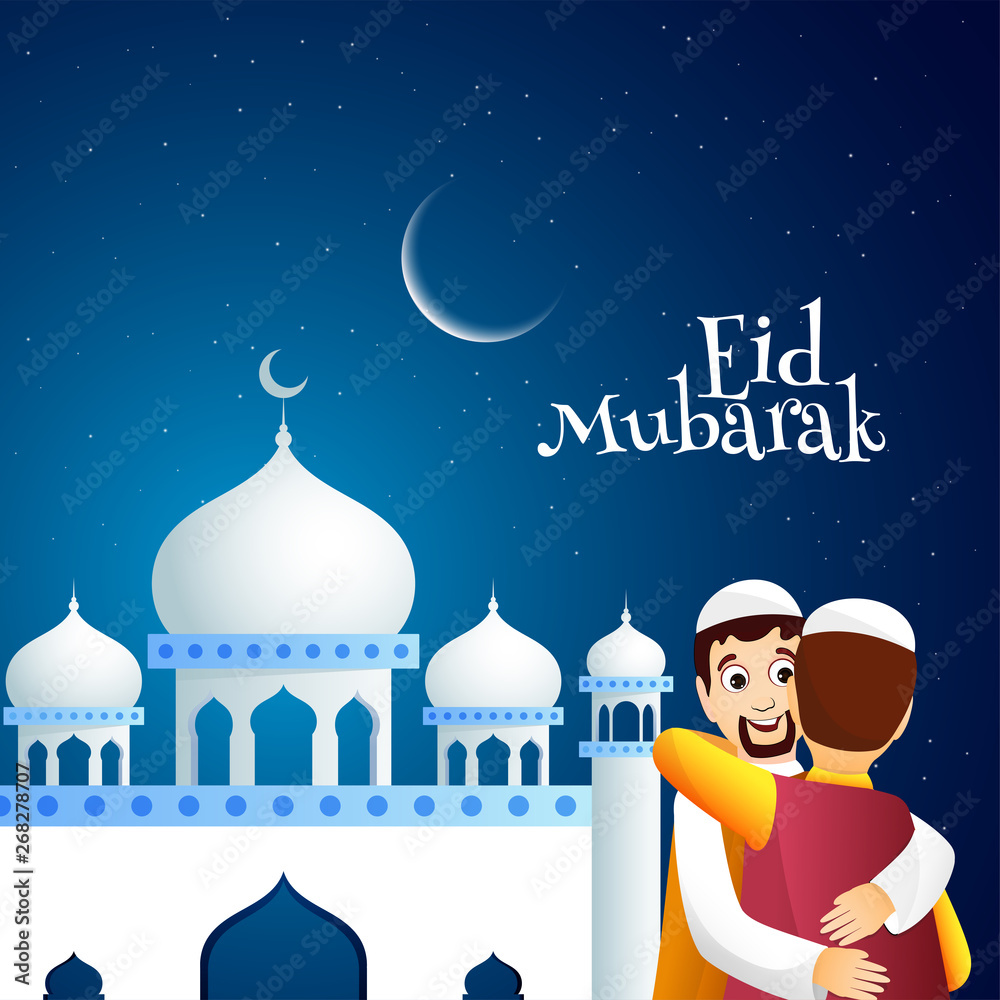 Cartoon character of Islamic men hugging each other in front of mosque for  Eid Mubarak Festival celebration poster or banner design. Stock Vector |  Adobe Stock