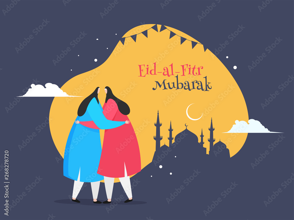 Cartoon character of Islamic women hugging each other in Eid Mubarak Festival  celebration. Retro style poster or banner design. Stock Vector | Adobe Stock