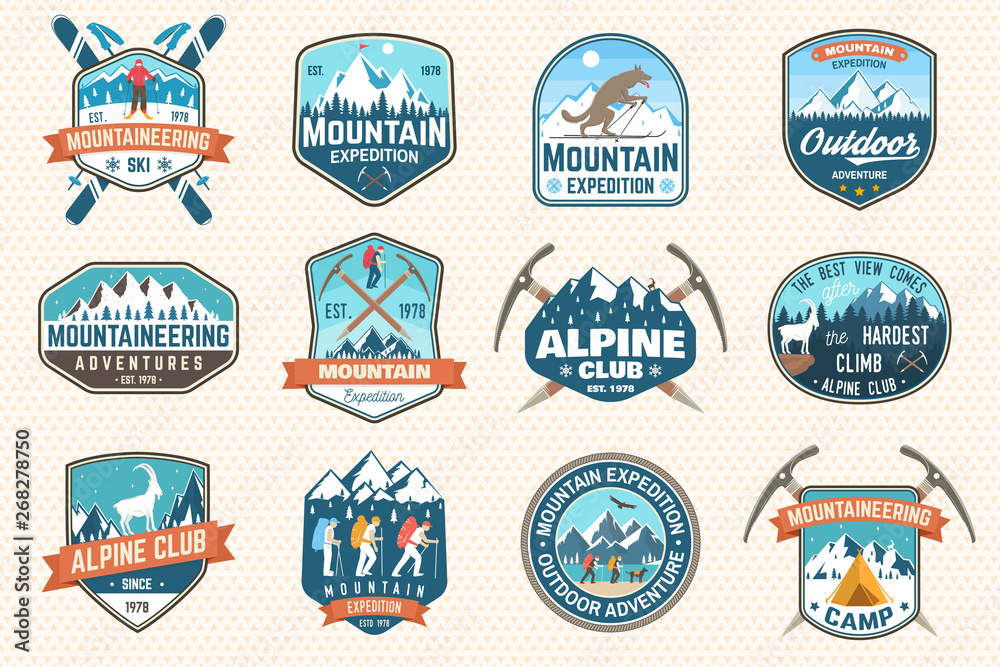 Set of mountain expedition patch. Vector. Concept for alpine club shirt or badge, print, stamp. Vintage typography design with mountaineers and mountain silhouette. Outdoors adventure emblems.