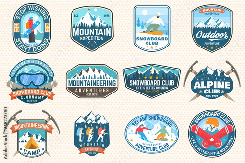 Set of mountain expedition and snowboard club patch. Vector. Concept for badge, print, stamp. Vintage typography design with mountaineers and mountain silhouette. Outdoors adventure emblems.