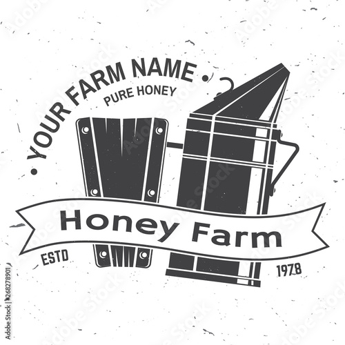Honey bee farm badge. Vector. Concept for shirt, print, stamp or tee. Vintage typography design with bee smoker silhouette. Retro design for honey bee farm business