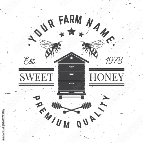 Honey farm badge. Vector. Concept for shirt, print, stamp or tee. Vintage typography design with bee, hive and honey dipper silhouette. Retro design for honey bee farm business