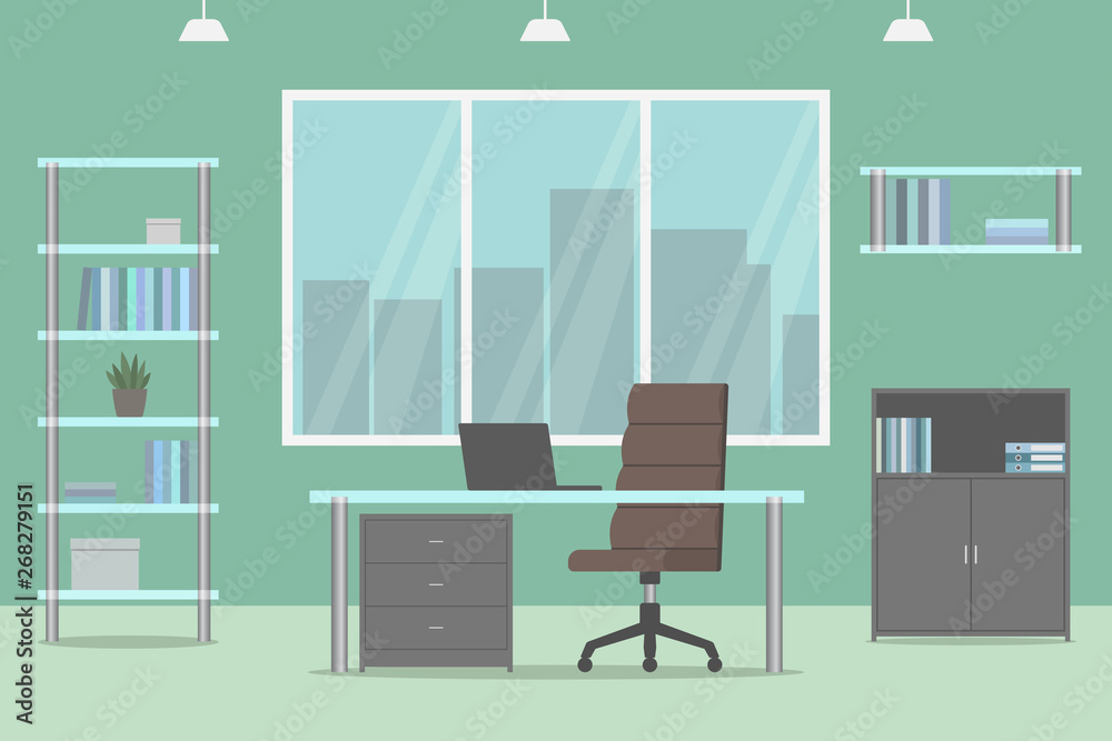 Home office design. Green wall. Vector illustration. Home office design. Green wall. Vector illustration.