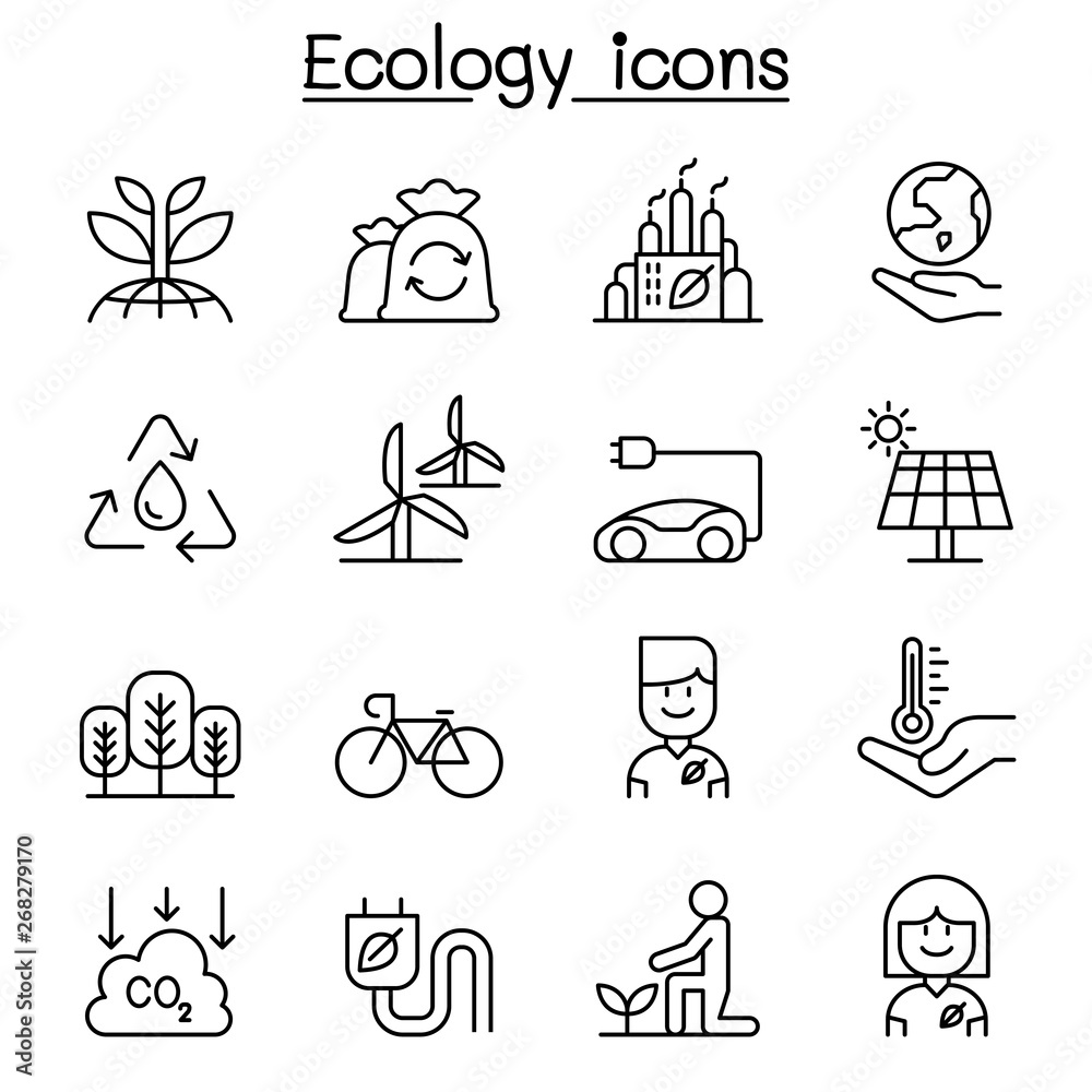 Ecology & Environmental icon set in thin line style Ecology & Environmental icon set in thin line style
