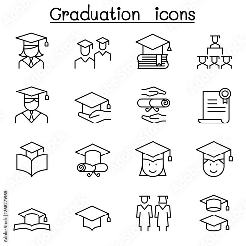 Graduation and commencement icon set in thin line style
