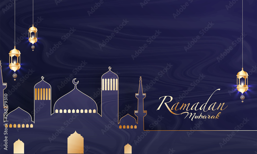 Ramadan Kareem banner or poster design with illustration of mosque and hanging illuminated arabic lanterns on blue abstract background.