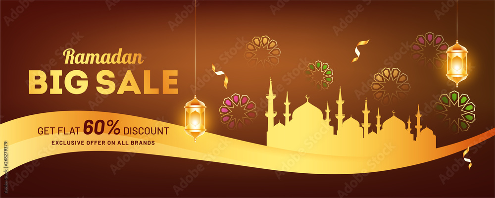 Ramadan Big Sale flat 60% discount website header or banner design with golden color mosque on brown background.