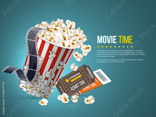 Cinema and movie poster design. 3d realistic popcorn, film tape and tickets on blue background. Vector template for ad, banner, presentation.