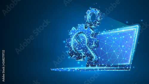 Gears adjustable wrench on laptop screen. Industry, business technology, settings concept. Abstract, digital, wireframe, low poly mesh, vector blue neon 3d illustration. Triangle, line, dot