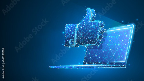 Hand Thumb Up gesture on laptop screen. Business communication, approving, agreement concept. Abstract, digital, wireframe, low poly mesh, vector blue neon 3d illustration. Triangle, line, dot