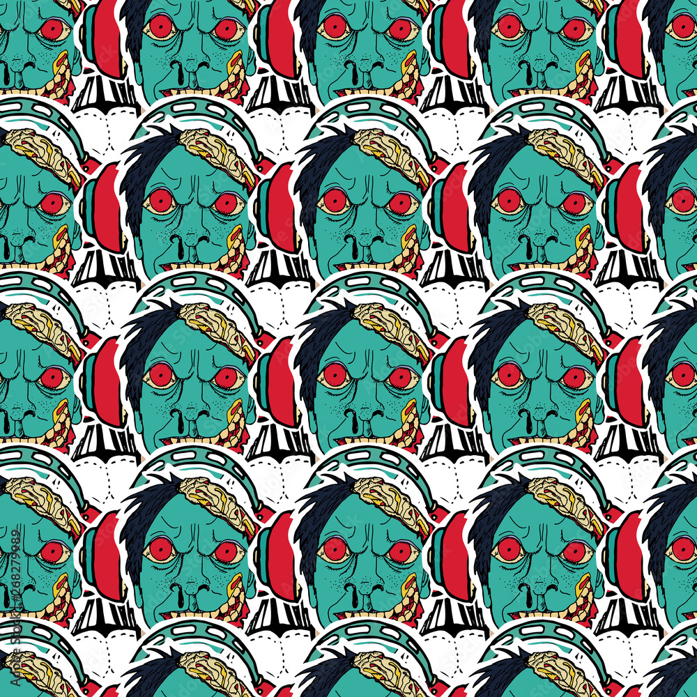 Fototapeta premium Modern seamless pattern with skulls, rock-music symbols, stars, lips, punk rock attributes.