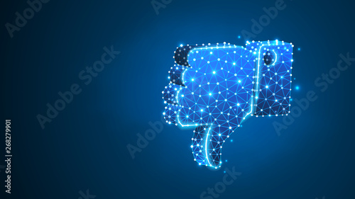 Polygonal hand with thumb down. Business communication, dislike, rejection concept. Abstract, digital, wireframe, low poly mesh, Raster blue neon 3d illustration. Triangle, line, dot, star