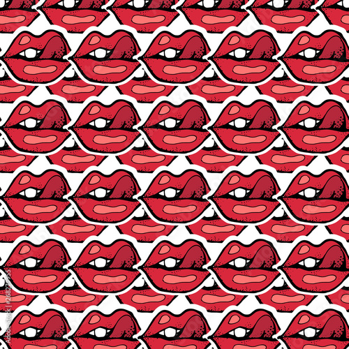 Modern seamless pattern with skulls, rock-music symbols, stars, lips, punk rock attributes.