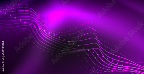 Glowing abstract wave on dark, shiny motion, magic space light. Techno abstract background