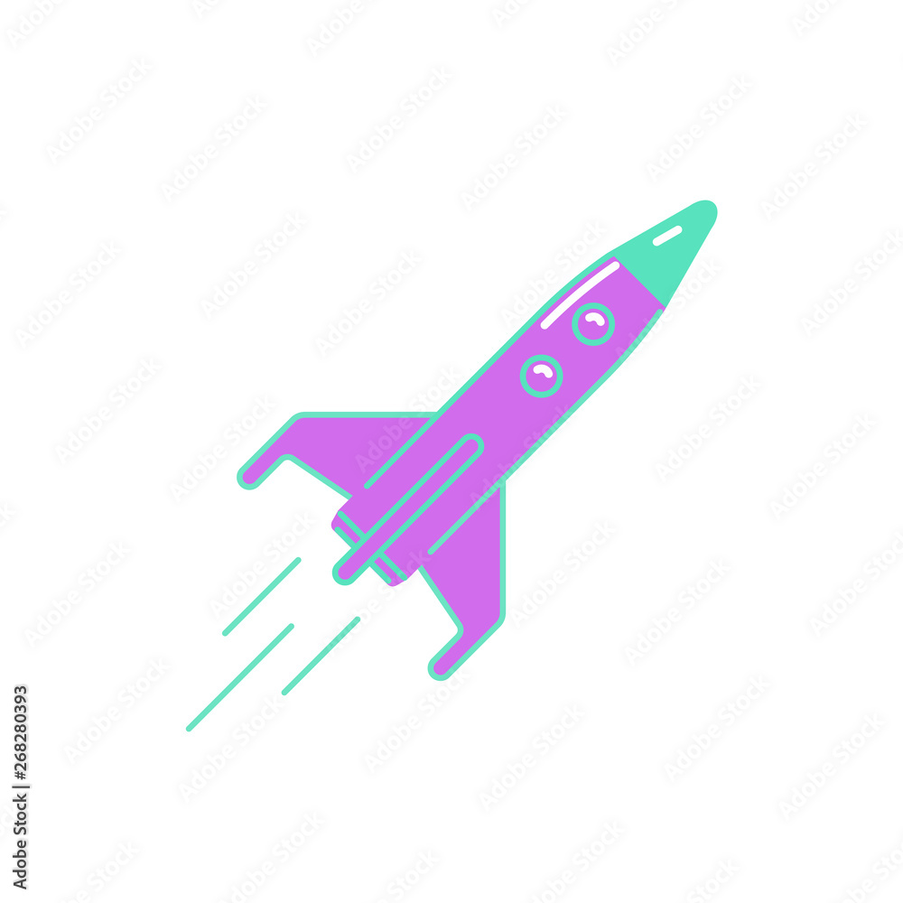 Purple and green flying rocket on a white background.