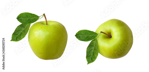 Set of green apples with leaves