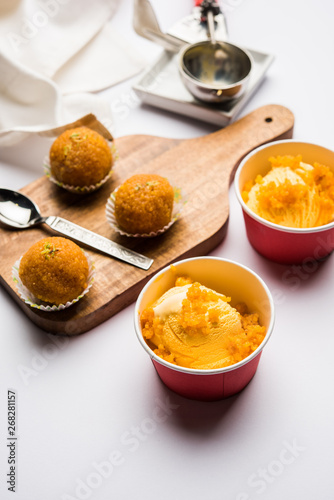 Bundi / Motichoor Ice cream is a fusion of Ice-cream with indian traditional sweet motichur laddoo from India, selective focus