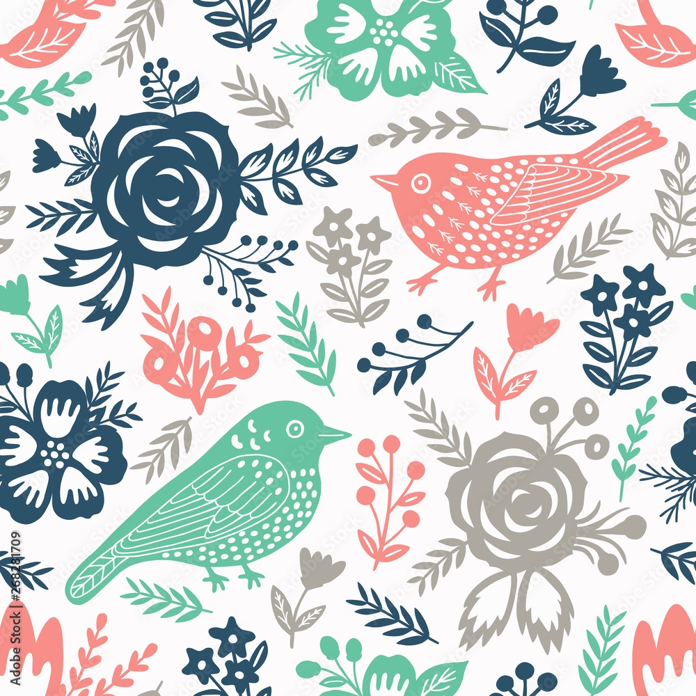 Bird and flowers seamless pattern. Vector illustration.